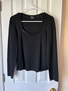 INC International Concepts Black Long Sleeve Scoop Neck Top with Beaded Trim